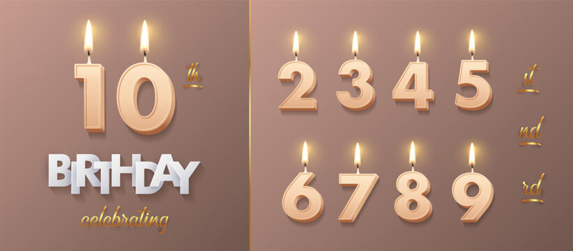 Birthday anniversary number cake candles. Birthday golden beige candles set with number 10 isolated on brown for party invitation, greeting card, poster, congratulation. Luxury vector background.