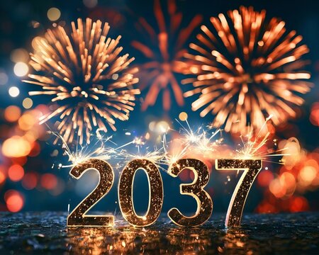 Sparkling numbers 2037 glowing on celebratory eve background decorated with golden bokeh fireworks.