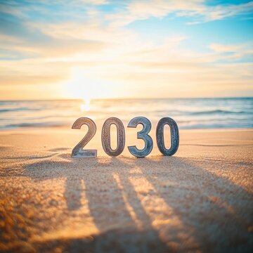 The Number 2030 Placed On A Sandy Beach With A Warm Romantic Ocean Sun Rise Reflection Background