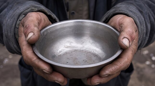 Weathered Hands Of A Homeless Person Holding An Empty Metal Bowl, Symbolizing Global Hunger Crisis And Poverty