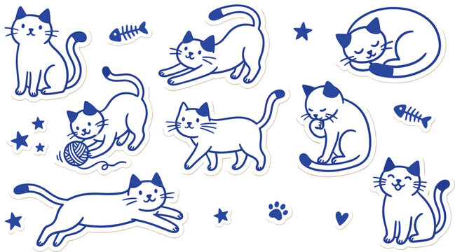 Cute Cartoon Cats Blue Line Sticker Set Featuring Playful Kitten Characters Sleeping Stretching Grooming and Running Habits Cute Cartoon Cats Blue Line Sticker Set