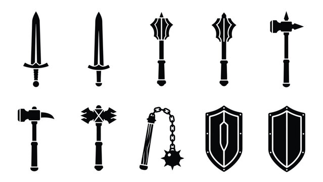 Collection of medieval weaponry and knight shields in silhouette style.