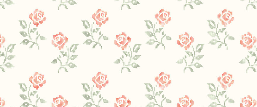 Cross-stitch embroidery roses seamless pattern horizontal banner on cream background. A geometric pixelated needlework vintage floral wallpaper for cottagecore crafts, website headers, fabric design.
