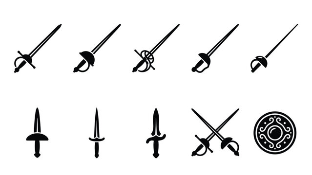 Rapier swords and ornate dagger vector icons set, fencing and medieval weapon collection, black silhouettes.
