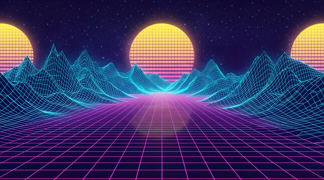 Retro 80s synthwave landscape with neon wireframe mountains magenta grid floor and yellow sun against starry sky