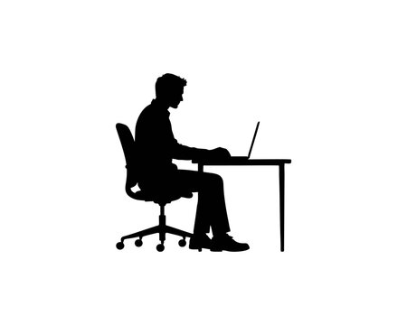 Silhouette of man sitting at desk working on laptop on white background.

