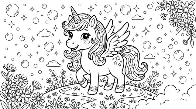 A cheerful winged equine creature with a horn enjoys a magical afternoon surrounded by whimsical floating soap bubbles plus vibrant meadow flowers during a relaxing time for kids and creative