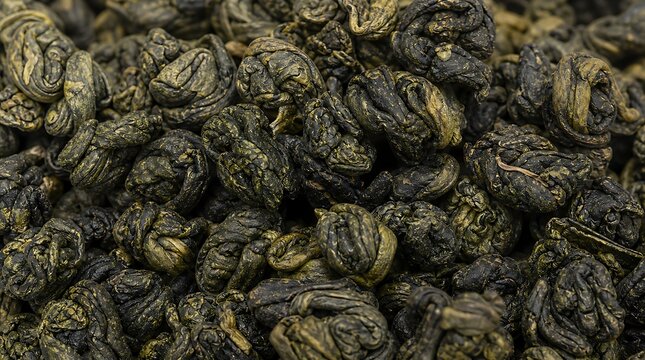 Macro photograph of tightly rolled dark green gunpowder tea leaves for premium loose leaf tea concept