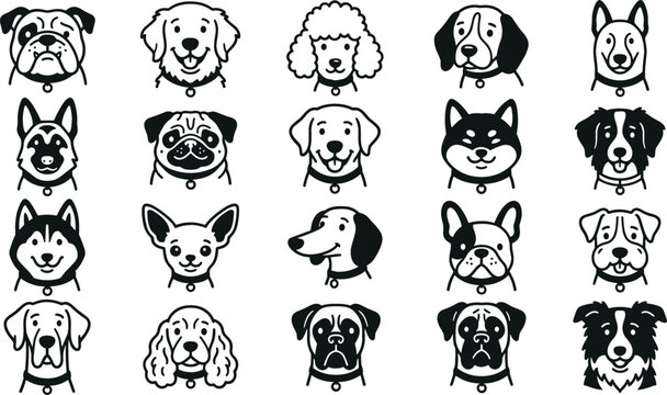 Dog Breeds Head Avatar Icon Set Featuring Bulldog Golden Retriever Pug Husky Frenchie and Domestic Pet Face Profile Symbols Dog Breeds Head Avatar Icon Set 