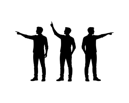 Collection of various black silhouettes of a man pointing on white background.

