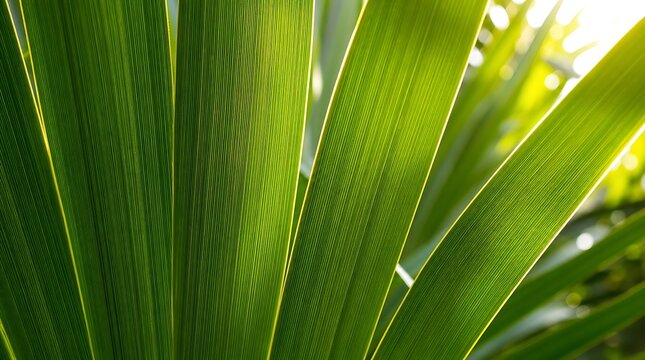 Extreme macro shot of fresh green oil palm leaf showing detailed parallel veins under warm sunlight for nature background concept