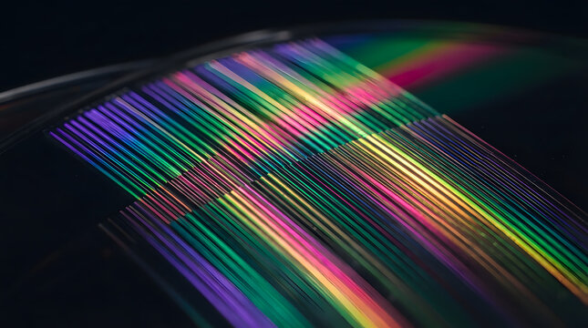 Ultra-detailed macro photograph of prismatic light diffraction across microscopic grooves on a futuristic optical surface.