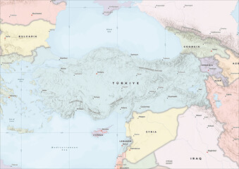 Naklejka premium Highly Detailed Political and Physical Map of Turkey with Shaded Relief and Neighboring Countries