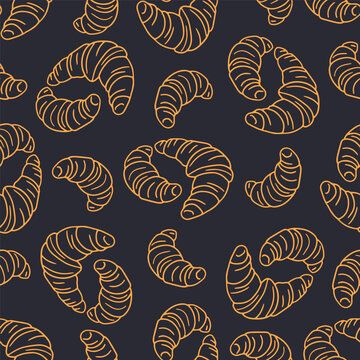 Cottage core croissants doodle icons seamless pattern on dark blue background. Cozy rustic pastry line art wallpaper vector