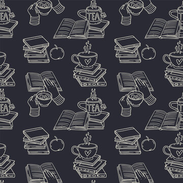 Line art tea cup standing on stack of books and hands holding mugs black and white seamless pattern. Cozy reading time repeat background