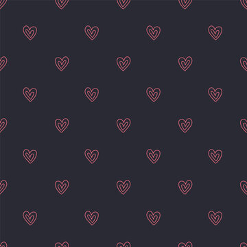 Hand drawn pink hearts doodle icons seamless pattern on dark blue background. Romantic line art wallpaper vector