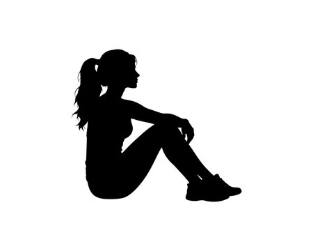 Silhouette of view of a depressed woman sitting on white background.
