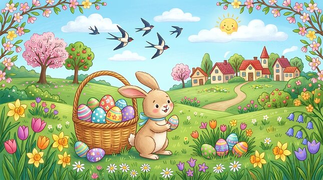 Festive Spring Easter Landscape Illustration With Cute Bunny Colorful Painted Eggs Blooming Flowers And Flying Swallows easter spring bunny eggs painted flowers swallows landscape festive celebration