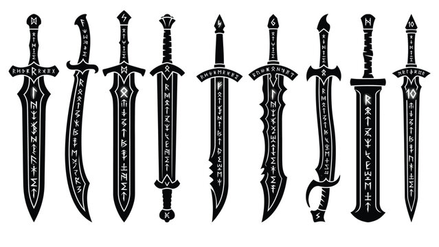 Set of runic medieval swords with engraved blades