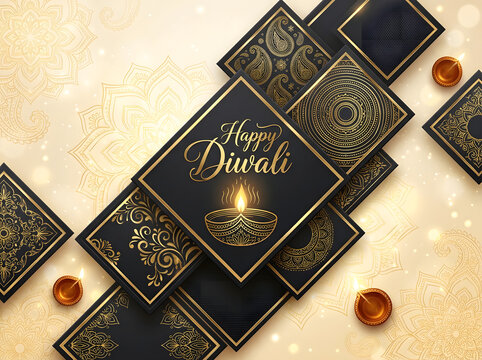 Happy Diwali greeting card with golden diya lamps and decorative luxury black tiles.
