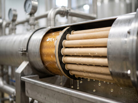 Industrial tubular membrane filter unit open for cleaning inspection