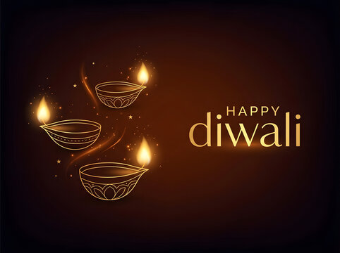 Happy Diwali greeting card with glowing oil lamps and traditional diya lights background