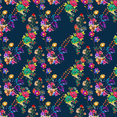 Fototapeta premium Vintage floral seamless pattern on dark blue background, elegant botanical textile print with orange and white flowers, classic chintz wallpaper design.
