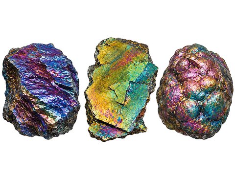 Three distinct pieces of raw iridescent chalcopyrite mineral ore showing vibrant metallic colors like blue purple gold and green isolated