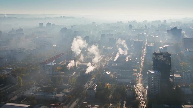 Aerial view of industrial pollution in a cityscape during sunrise.