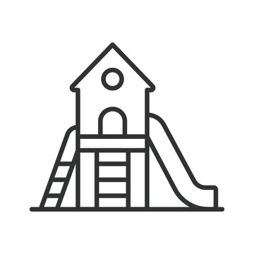 Playground slide house, icon in line design. Kids, play, park, childhood, fun, game, outdoor on white background vector. Playground editable stroke icon