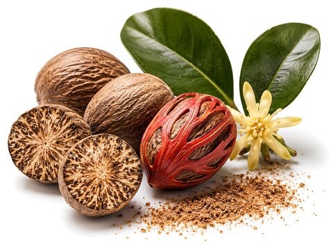 Whole nutmeg seeds and a cross section showing internal texture with a red mace aril and fresh green leaves isolated on a white background