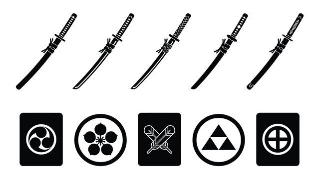 Japanese samurai katana swords and family crests mon collection, traditional feudal japan weapons