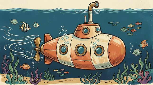 Vintage Textured Cartoon Style Submarine with Extended Periscope Portholes and Propeller Marine Exploration Concept Illustration submarine cartoon retro periscope ocean marine underwater sea