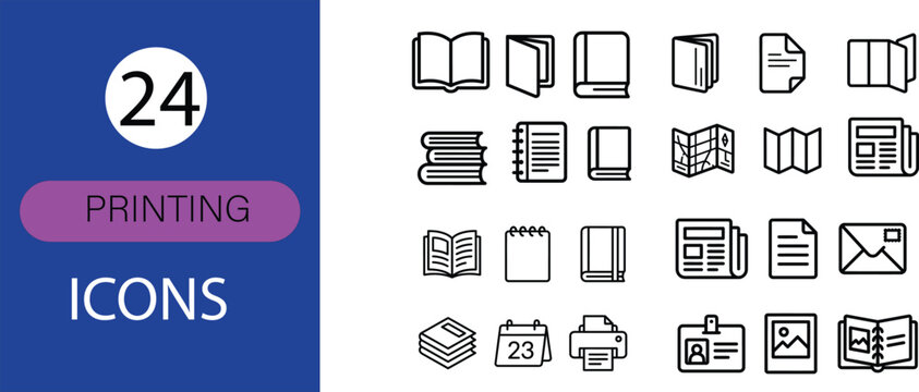 PrintBook Print Line Icon Set: Solid, Outline and Modern Flat Color