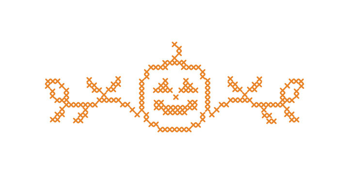 Cross stitch Halloween border, divider and trim layout. Spooky embroidery folk art decoration element. Pumpkin and vine ribbon motif for digital crafting and seasonal autumn holiday designs.