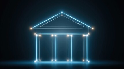 Fototapeta premium Futuristic neon bank building illustration with glowing blue lines and columns on dark background