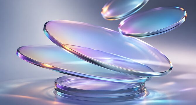 Abstract composition of floating glass lenses with iridescent light reflections and soft blue and purple gradient background
