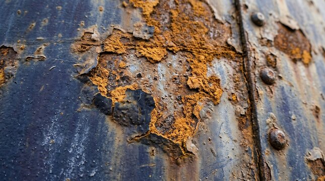 Weathered Deep Indigo Painted Metallic Surface with Heavy Amber Rust Oxidation Peeling Coating and Grungy Industrial Texture Background rust texture metal oxidized background industrial background