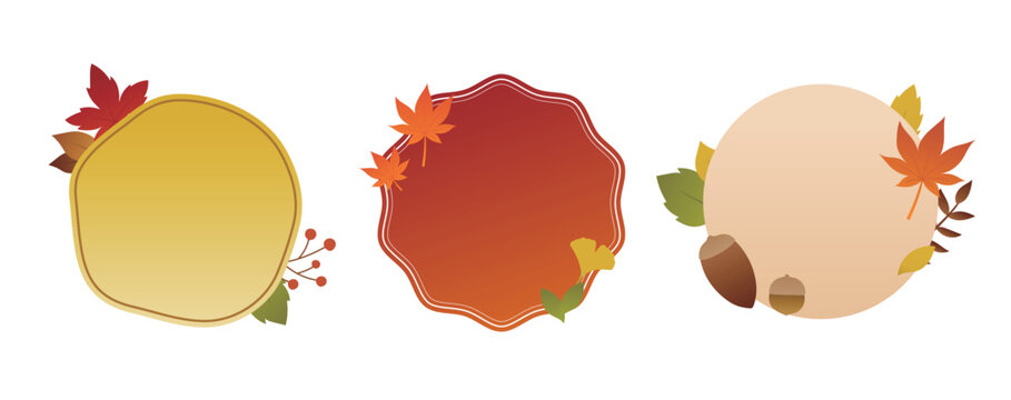 秋のイラストフレームセット　葉　紅葉　モミジ　イチョウ　葉っぱ　あしらい　飾り　装飾　枠　丸　飾り枠