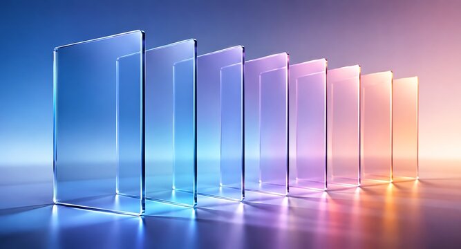 Abstract background featuring a row of vertical glass panels with a beautiful gradient of blue and orange light