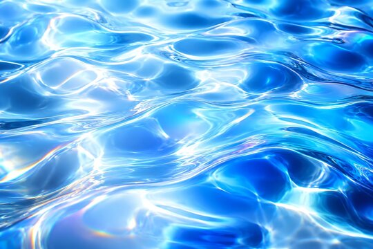Abstract background of clear blue water surface with bright sunlight reflections creating beautiful ripples and caustic patterns