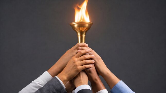 Diverse Hands Holding A Burning Golden Torch Together Against Dark Background, Symbolic Of Unity And Leadership