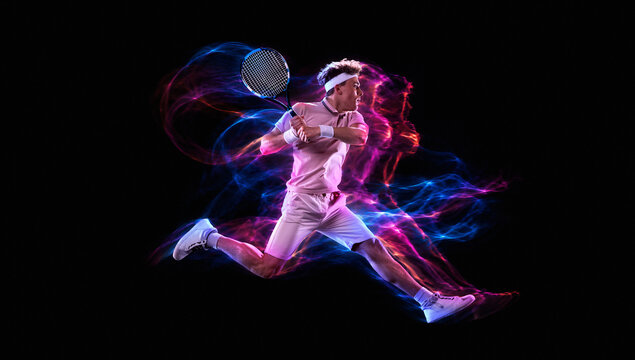 Male tennis player reaches into dynamic stroke with vivid pink and blue energy trails. Concept of tennis apparel, coaching services and motion blur sports ads.