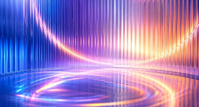 Abstract background featuring vertical glowing light streaks and circular neon rings with a vibrant blue and orange gradient