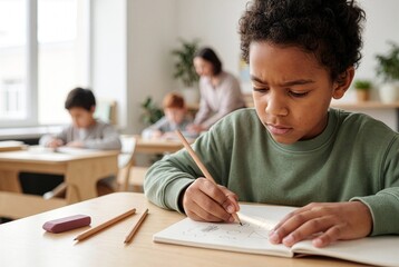 Obraz premium Elementary student concentrating on writing during a classroom lesson, representing education, studying, focus and childhood learning.