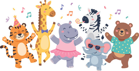Fototapeta premium Cartoon animals dancing and celebrating with party decorations