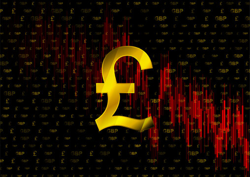 Golden British pound symbol and bearish financial chart design. Various icons and symbols on a black background. Vector illustration