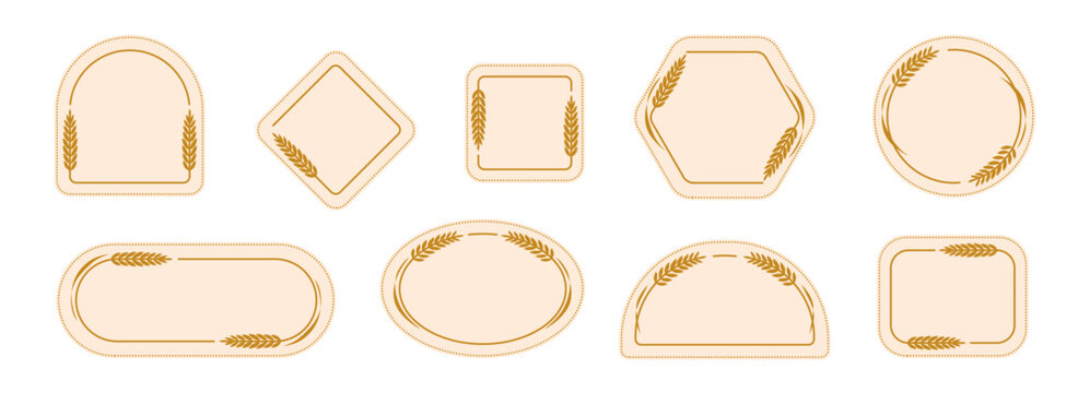 Border coupon, label shape and badge emblem with ornate frame. Vintage outline sign with line traditional wheat . Set of decorative frame design for label invitation, packaging, tag