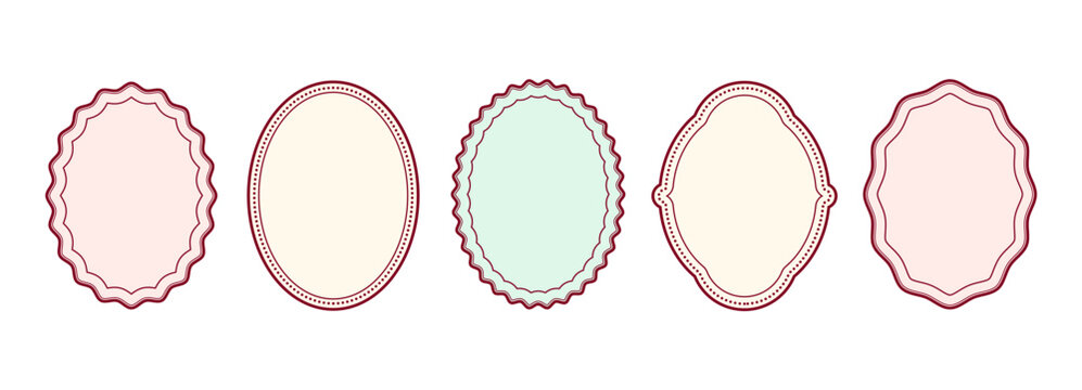 Border coupon, label shape and badge emblem with ornate frame. Vintage outline sign with line traditional for classic retro banner. Set of decorative frame design for label invitation, packaging, tag.