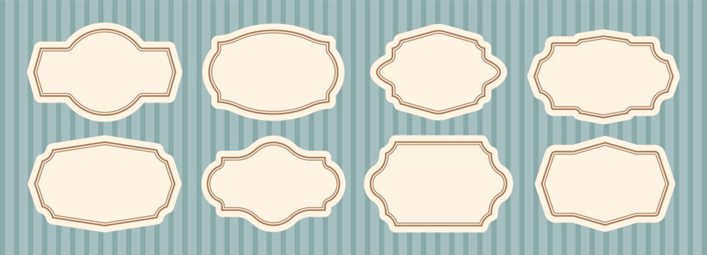 Border coupon, label shape and badge emblem with ornate frame. Vintage outline sign with line traditional for classic retro banner. Set of decorative frame design for label invitation, packaging, tag.